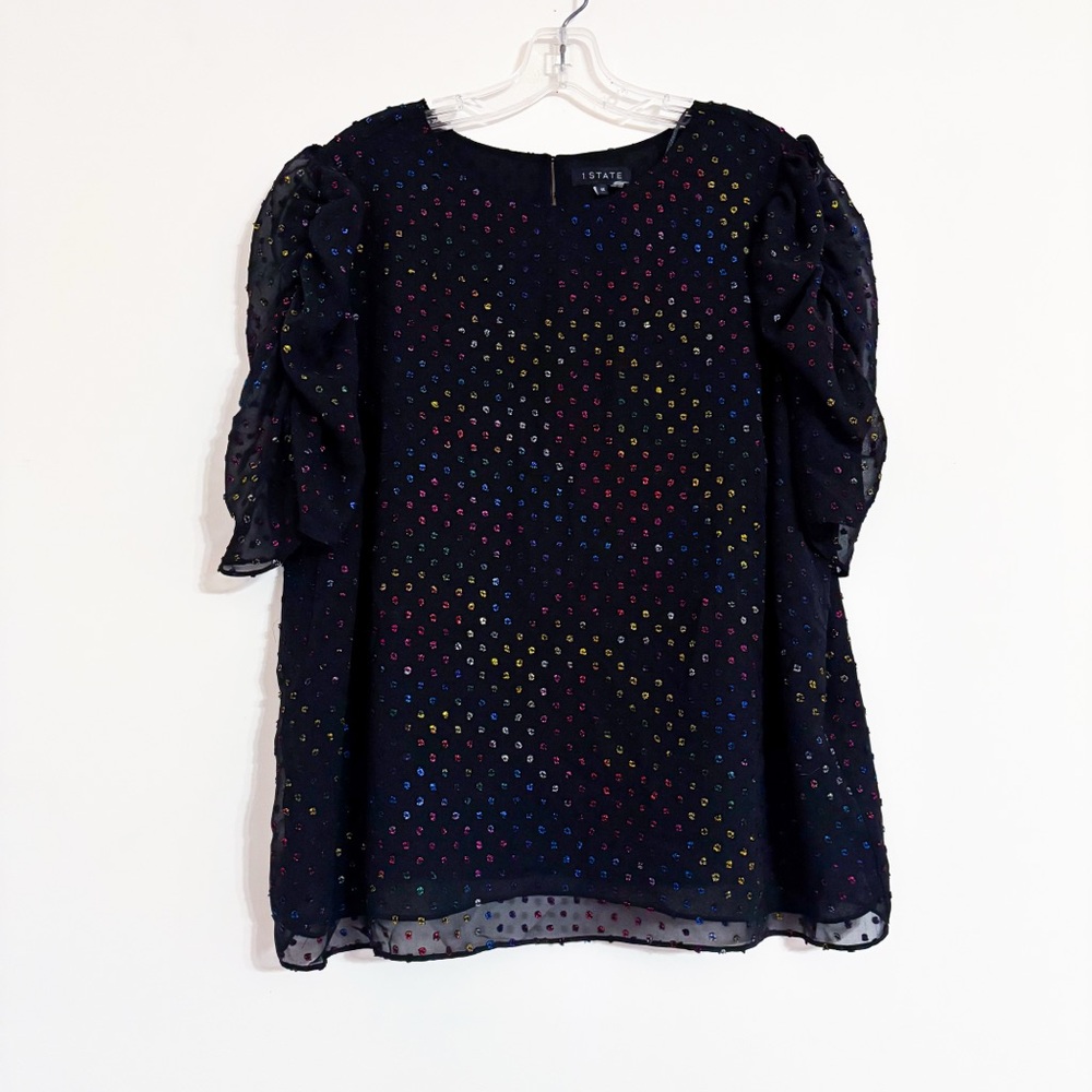1.State Black Blouse with Rainbow Polka Dots Ruched Sheer Short Sleeves Size 1X